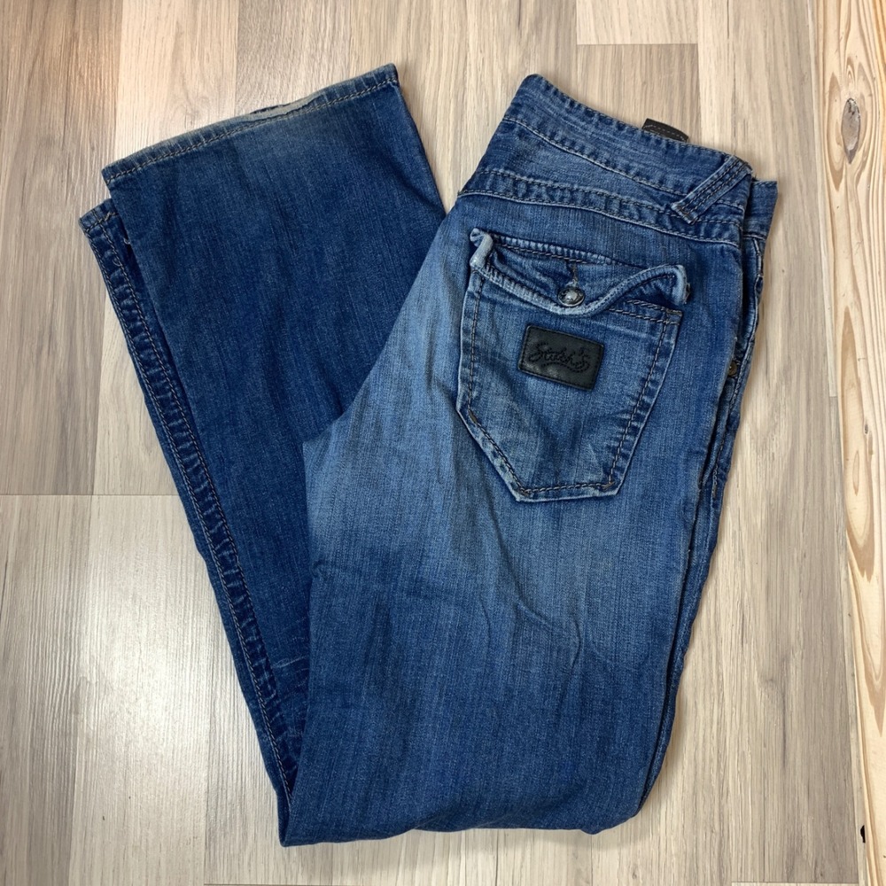 Stitchs Jeans Mens 34 Blue Bootcut Black Label Flap Pocket Whiskered Denim